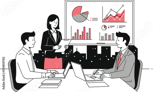 Business meeting vector illustration with team analyzing charts and graphs, modern corporate presentation scene for finance, analytics, startup strategy, and office workflow designs
