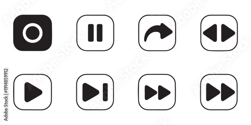 Set of media player icons with rounded squares for play pause rewind fast forward stop and record