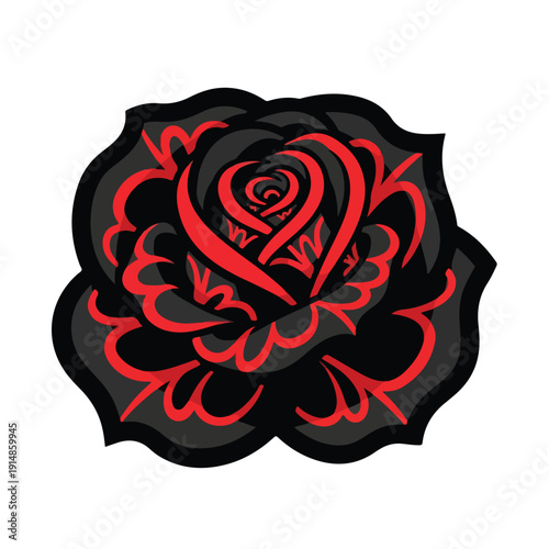 Intricate red floral illustration with heart design on black background viewed from directly above
