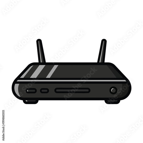 A high-angle view of a wireless router with antennas on a flat surface in a modern office setting