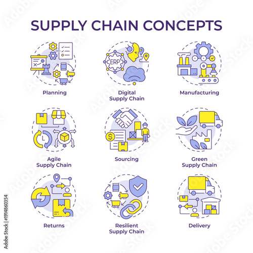 Supply chain multi color concept icons. Product management, green manufacturing. Customer service. Icon pack. Vector images. Round shape illustrations for presentation, article. Abstract idea