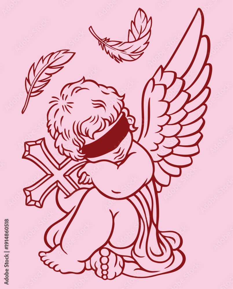 Fototapeta premium Hand Drawn Fallen Angel with Christian Cross Blindfold and White Feathers Symbol of Faith Sacrifice and Spiritual Love on Valentine’s Day
