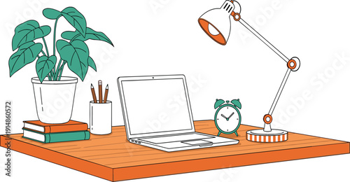 Modern workspace desk vector illustration with laptop lamp plant and stationery, cozy home office setup design for productivity, remote work, study, and creative projects