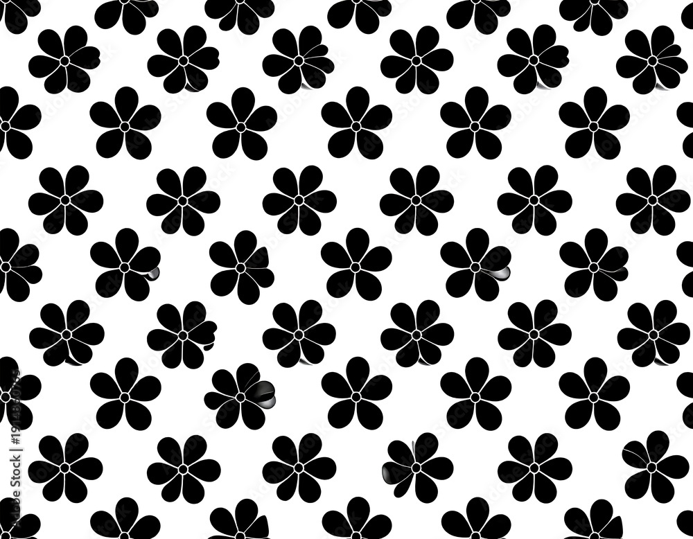 Fototapeta premium Black, stylized five-petal flowers arranged on a white background, creating a repeating pattern. The flowers are uniformly sized