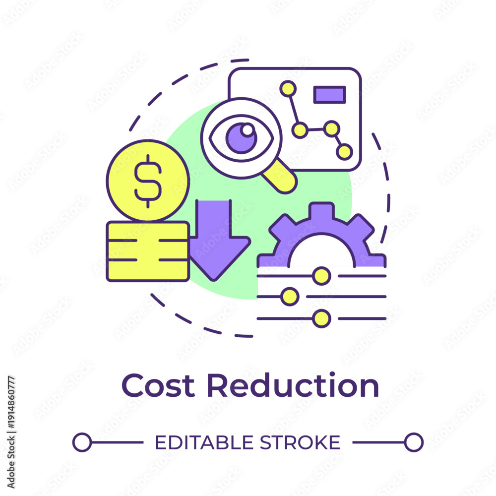 Obraz premium Cost reduction multi color concept icon. Financial optimization, process control. Data analysis. Round shape line illustration. Abstract idea. Graphic design. Easy to use in presentation, article