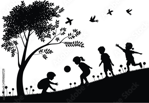 Silhouette of children playing with ball on grassy hill under tree at sunset, happy childhood outdoor activity scene with birds flying in nature