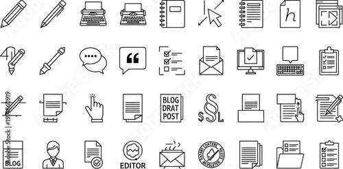 Copywriting web icons in line style. Document, writing, creative, signature, collection. Editable stroke