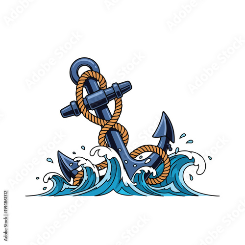 A sturdy anchor entwined with rope emerges from turbulent ocean waves, showcasing its rugged design and maritime significance from a frontal viewpoint.