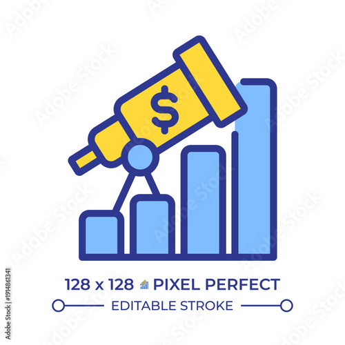 Financial forecast pixel perfect line color icon. Company future commercial performance. Revenue, expenses and cash flow. Isolated vector illustration. Flat colorful symbol design. Editable stroke