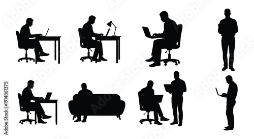 A collection of black silhouettes depicting people working and relaxing ideal for design projects on transparent background silhouette high quality professional
