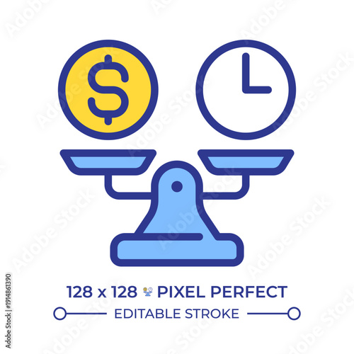 Break even point pixel perfect line color icon. Sales volume and revenue level balance. Financial calculation. Business. Isolated vector illustration. Flat colorful symbol design. Editable stroke