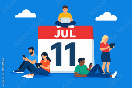 July 11th Calendar Date and Diverse People Using Digital Devices for Online Shopping, E-commerce, and Technology Events