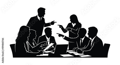 A black silhouette depicts a business meeting with people around a table gesturing and discussing ideas on transparent background high quality