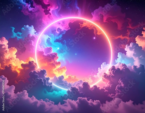 Glowing neon circle set against vibrant clouds and starry sky