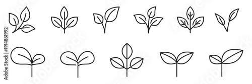Plants set of web icons in line style. Modern vector illustrations of leaf, sprout, ecology, organic growth, gardening, seedling, nature care, eco badge, flower pot and more.