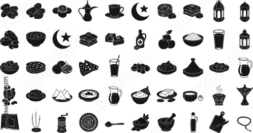 Black and White Middle Eastern Food, Culture, and Ramadan Icons Set Vector Illustration for Graphic Design Elements