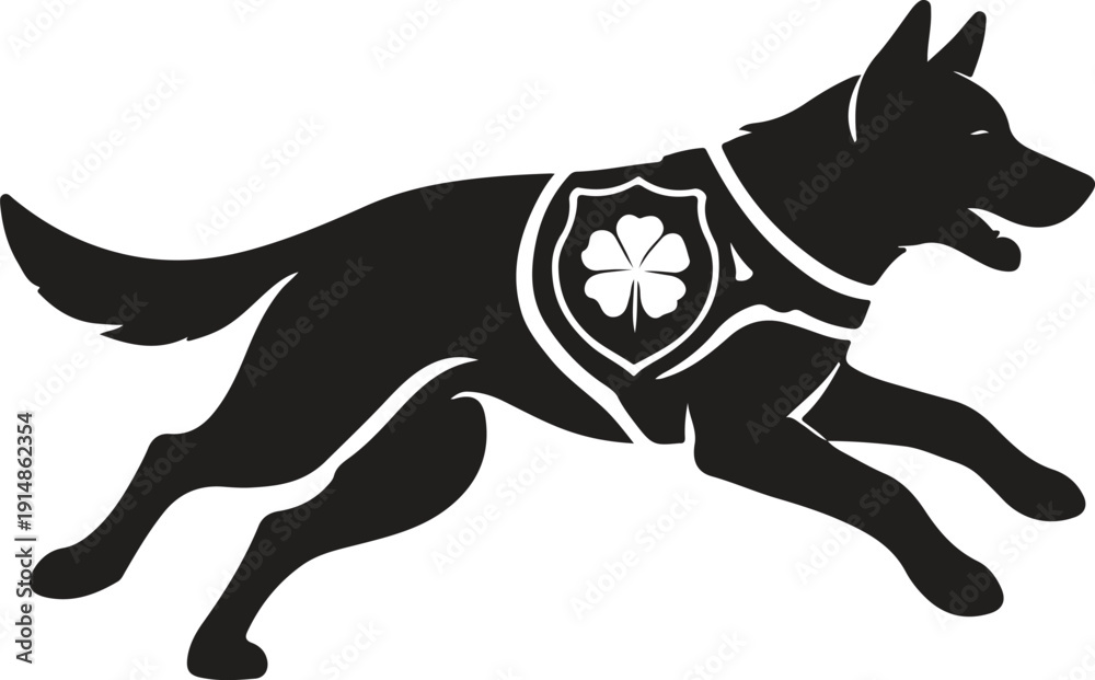 Fototapeta premium Saint Patrick’s Day Dog Silhouette Vector with Shamrock Shield, Irish Holiday Symbol Running Dog Illustration Isolated on White Background