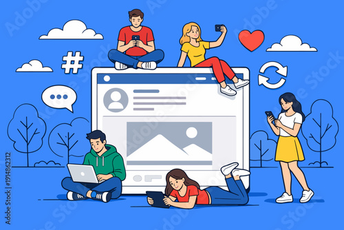 Social Media Networking and Digital Community Illustration. Young diverse people engaging with online content using phones, laptops, and tablets.