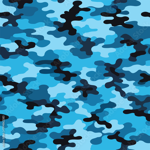 Abstract blue camouflage pattern viewed from directly above showcasing various shades and irregular shapes against a lighter blue backdrop