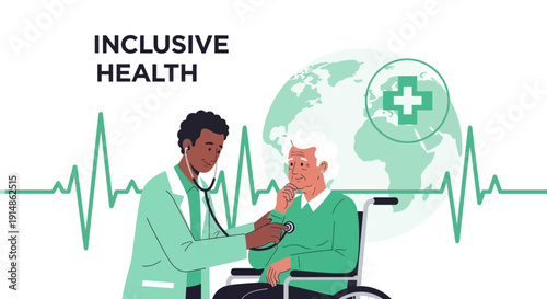 Doctor examining elderly patient in wheelchair, inclusive healthcare concept