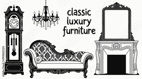 classic luxury furniture interior decoration black and white design in elegant home living room space with ornate sofa table chair lighting decor residential architecture