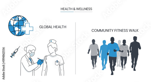 Global Health & Community Fitness Walk Illustration - Vaccination, Healthcare, Exercise