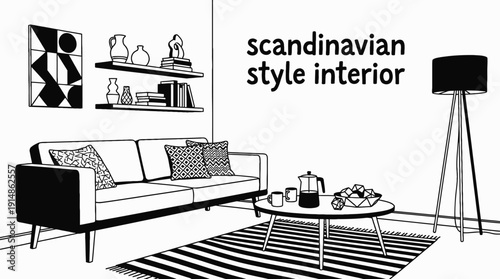 scandinavian style furniture interior decoration design in bright home living room space with modern sofa table chair lighting decor comfort