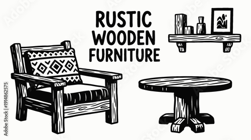 rustic wooden furniture interior decoration design in cozy home living room space with natural sofa table chair lighting decor comfort residential architecture