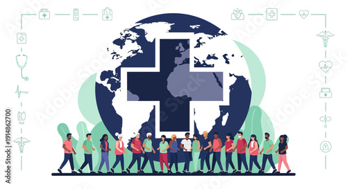 Global Health Care Unity: Diverse People, Earth, Medical Cross