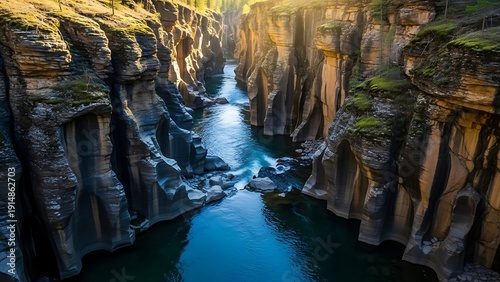 Serene River Flowing Through Deep Canyon.