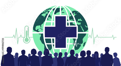 Global Health Concept: Earth with Medical Cross, Thermometer, ECG