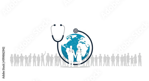 Global Healthcare Heroes: Doctors, Stethoscope, Earth, and Crowd