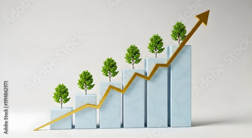 Sustainable growth concept with green trees on an increasing bar chart and golden arrow, symbolizing environmental business success and financial development.