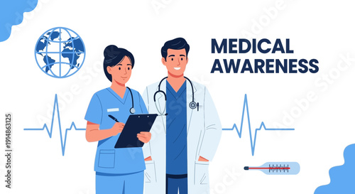 Medical Awareness: Doctors, Globe, ECG, Thermometer, Healthcare Concept