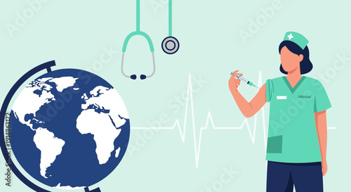 Nurse Vaccinating Globe Healthcare Medical Concept Illustration