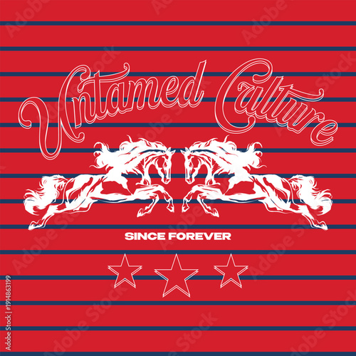 Mono slogan design with horse illustration on stripe pattern