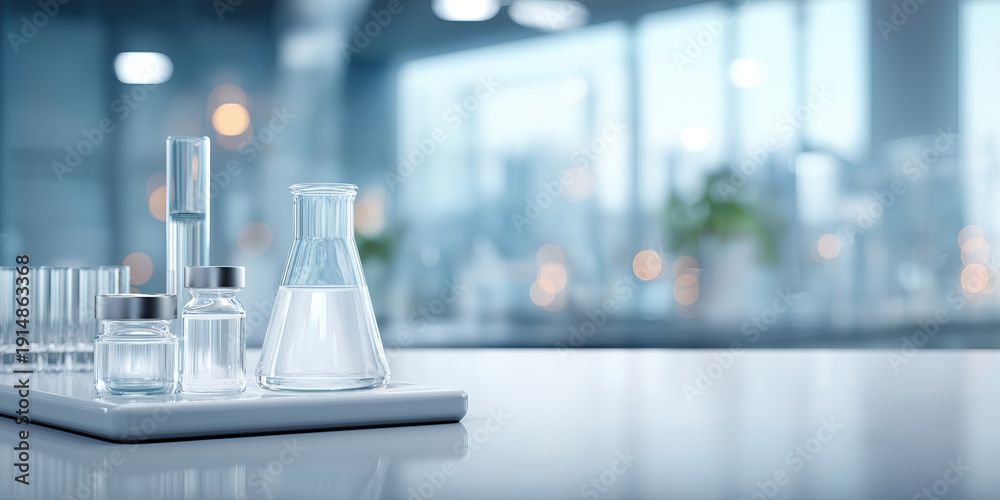 custom made wallpaper toronto digitalA bright, modern laboratory bench with various glassware and vials, showing a sterile research environment.