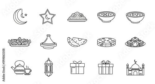 Eid al Fitr celebration with traditional food, Muslim family gathering, festive feast, Islamic holiday, Ramadan end, illustrated icons