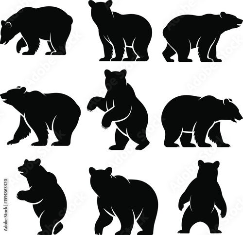 Bear silhouette set vector illustration, black grizzly and brown bear poses isolated on white background, wild forest animal design collection