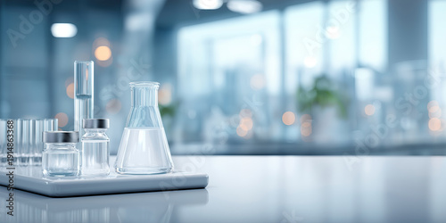 Wallpaper Mural A bright, modern laboratory bench with various glassware and vials, showing a sterile research environment. Torontodigital.ca