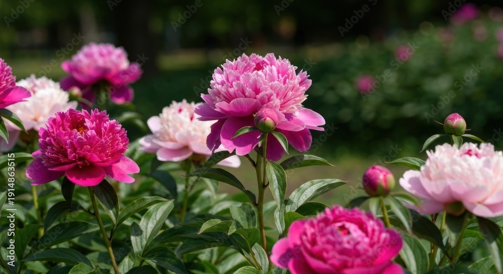 Fototapeta premium Close-up of vibrant pink and white peonies in bloom with green leaves and blurred background