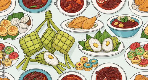 Eid al Fitr celebration with traditional Eid food, festive feast, Muslim family gathering, halal dishes, and Ramadan end dishes