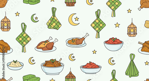 Eid al Fitr celebration pattern with traditional Eid food, festive feast, and Muslim family gathering symbols on a seamless background