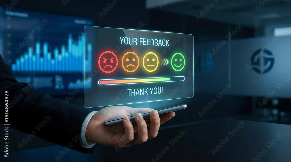 Fototapeta premium Digital customer feedback interface with satisfaction rating scale on transparent screen