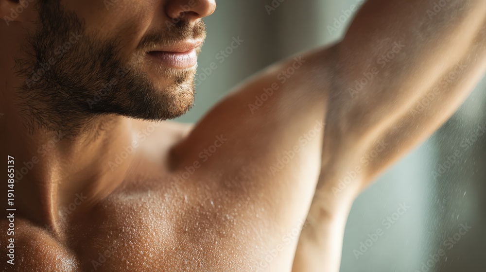 Naklejka premium Man Spraying Deodorant on Armpit Close-up