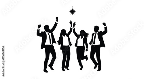 A group of business people joyfully celebrating with raised arms and a starburst on transparent background silhouette high quality professional detailed