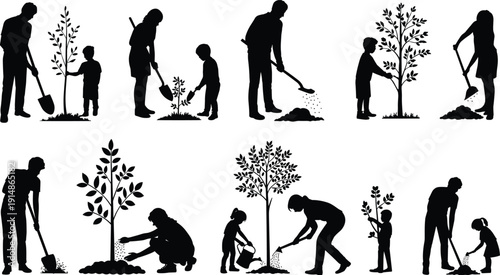Family tree planting and gardening silhouettes collection, parents and children digging soil and watering plants, black vector illustration isolated on white background