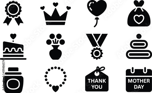 Mothers Day Celebration Silhouette Icon Set with Crown Medal Heart Cake and Thank You Vector Collection