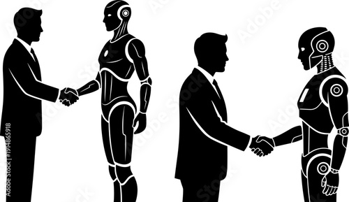 Businessman shaking hands with humanoid robot silhouette artificial intelligence partnership future technology collaboration concept vector illustration