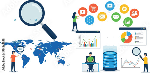 Illustration of global data analysis, digital marketing, and business intelligence with people interacting with charts, maps, and databases.